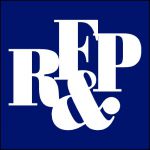 RF and P initials, white on blue